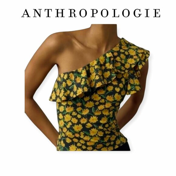 Anthropologie Maeve One-Shoulder Yellow/Black Floral Ruffled Top size S NWT - Picture 1 of 14